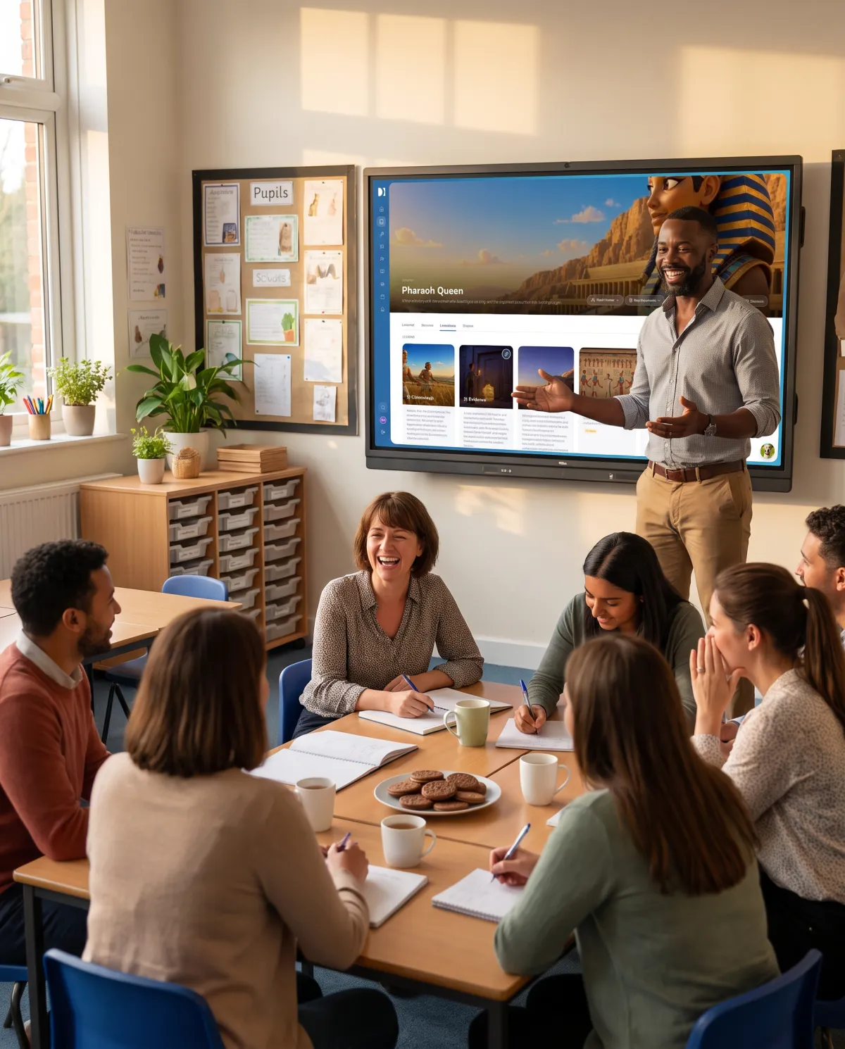 A trainer leading an after-school staff session, the Pharaoh Queen unit on the classroom screen