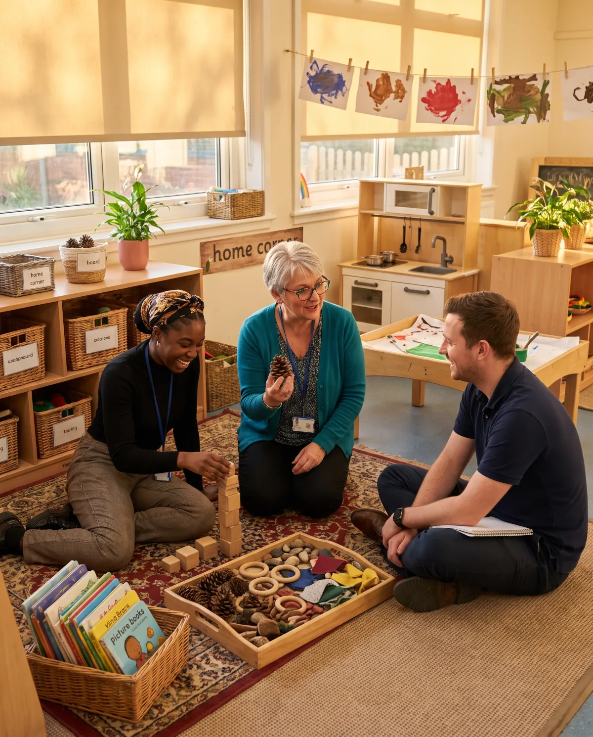 A trainer exploring a loose parts tray with Early Years staff on the carpet of a Reception classroom