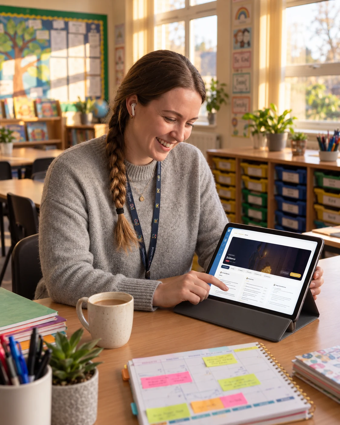 A teacher using a tablet for online support at her desk after school, with a Dimensions Connect lesson on screen