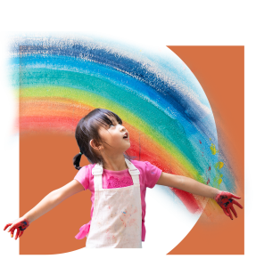 Child with arms out, rainbow above, Dimensions Curriculum logo behind