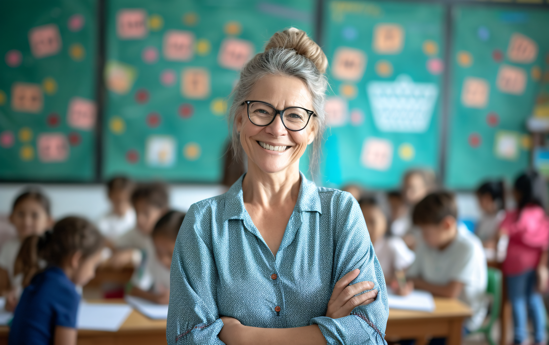 Smiling teacher with glasses stands with arms crossed in a classroom, with pupils working at desks in the blurred background.