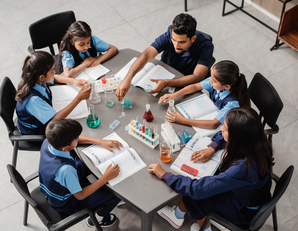 Group of young students in a science lesson with colourful liquids in beakers and test tubes.